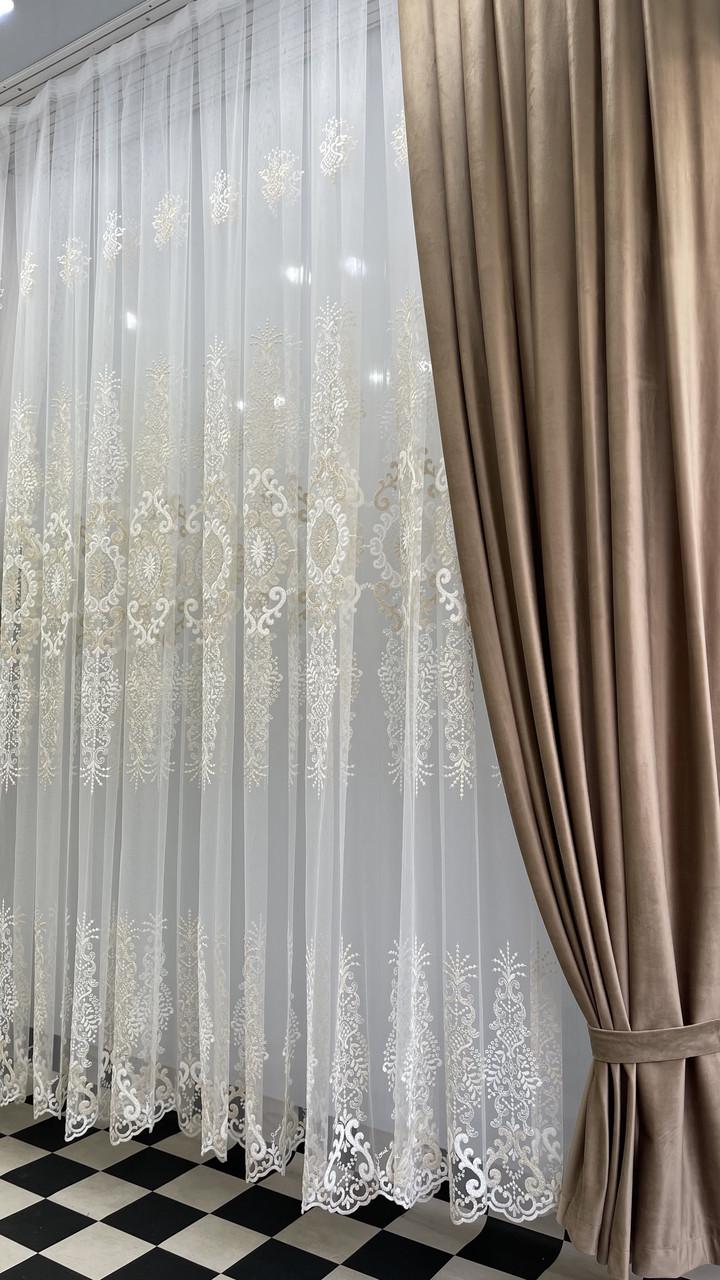 Тюль основа сетка беж - золото