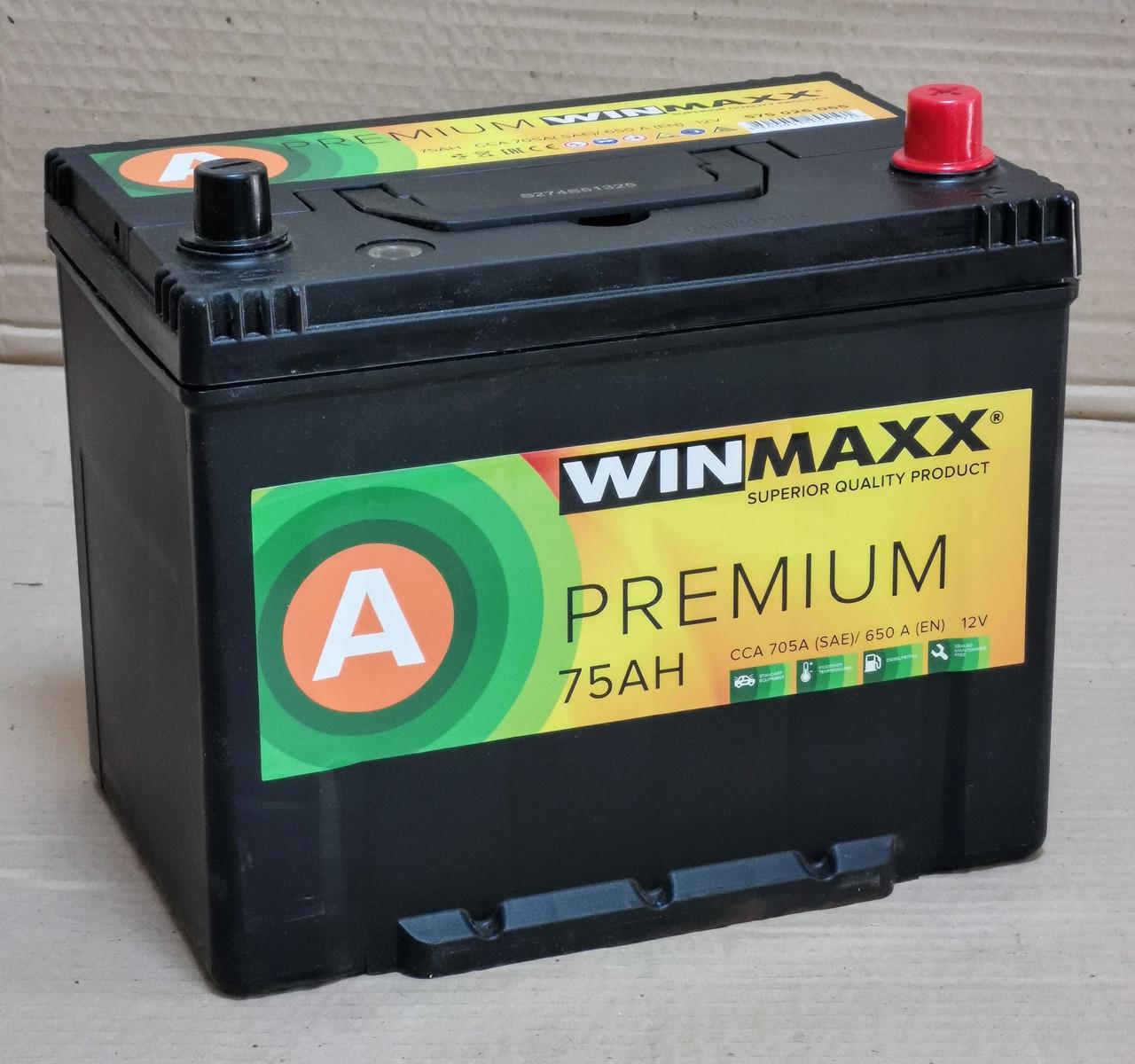Аккумулятор 6CT-75 WinMaxx Premium Asia EN650 75Ah-12V + справа 260х175х225 мм
