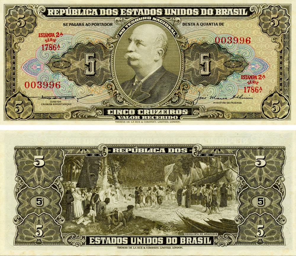Коллекционная банкнота Бразилия 5 крузейро 1953-1959 UNC P158c (Б15875)