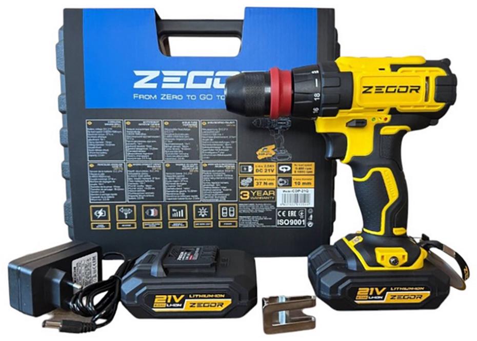 Шуруповерт аккумуляторный профессиональный Zegor CDP-21Q/21В/37 Нм/две скорости/2 батареи 21 В 2 Ач/реверс/подсветка/кейс