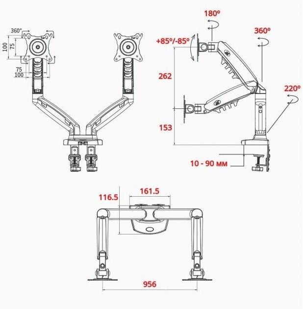 Кріплення настільне V-Star V160 для двох моніторів 17-30" Чорний (8008) - фото 7