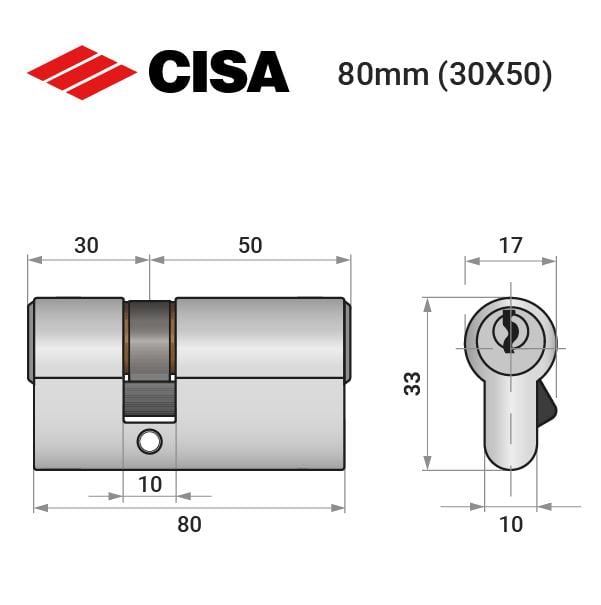 Циліндр замка ключ/ключ Cisa C2000 80 30x50 нікель матовий (37952) - фото 3