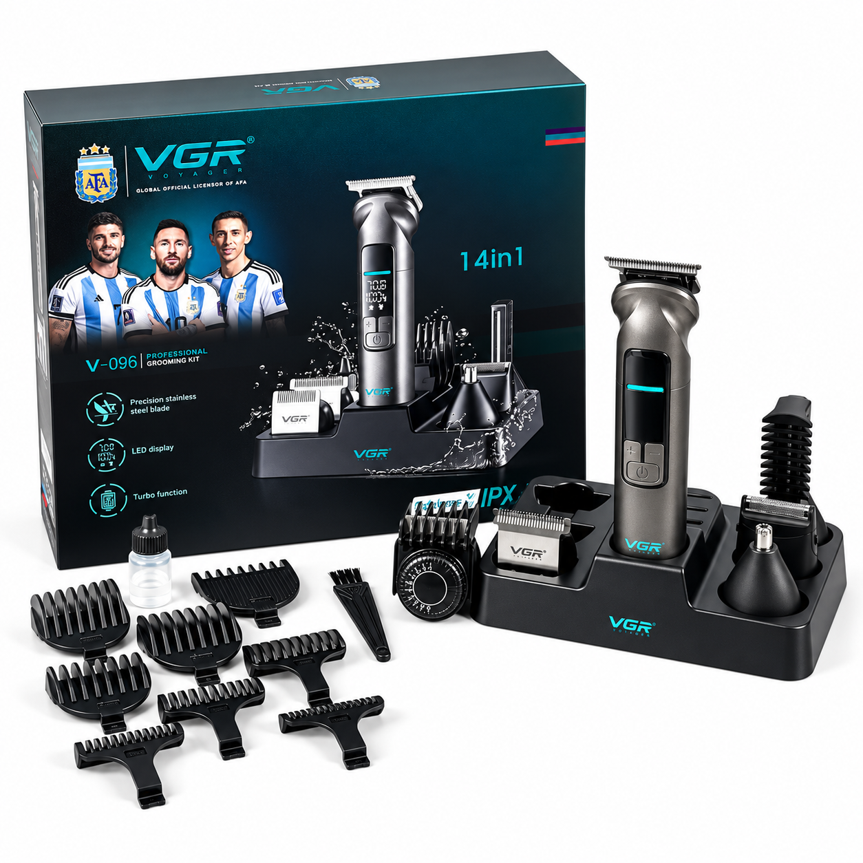Набор для стрижки VGR V-096 14в1 аккумуляторный 14 насадок металлический корпус LED-дисплей IPX7 Черный (ML-06863)