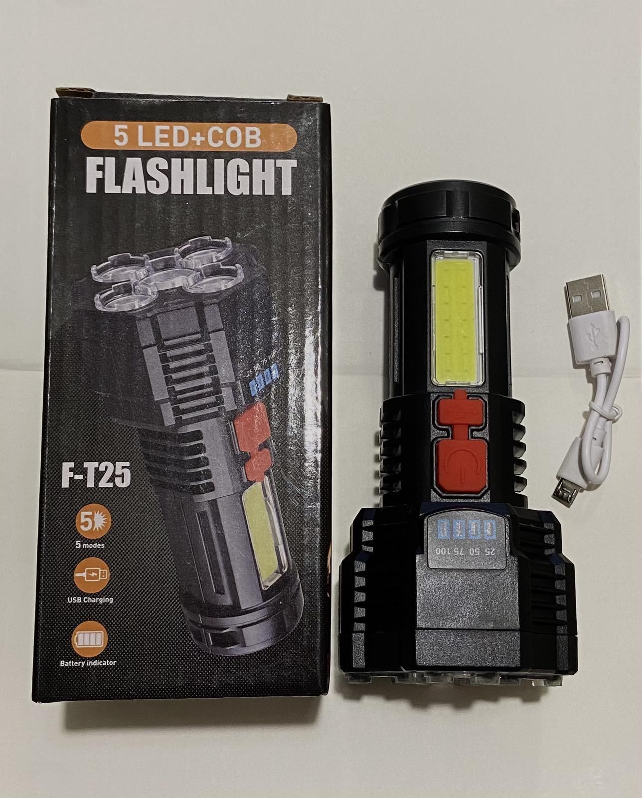 Фонарь ручной аккумуляторный F-T25 USB зарядка 5LED СОВ Черный - фото 3