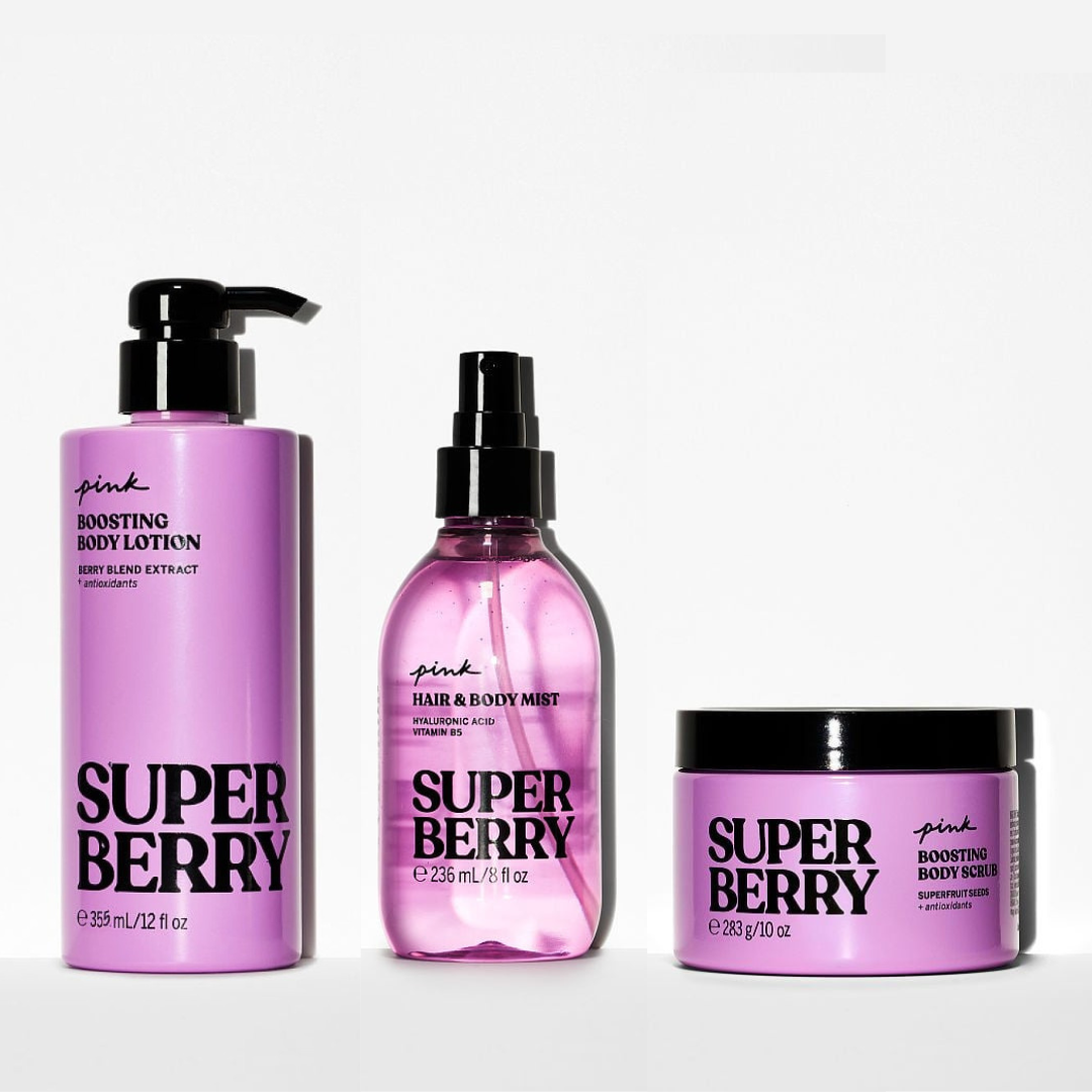 Набор косметический Victoria's Secret PINK Super Berry спрей 236 мл/лосьон 355 мл/скраб 283 г (2214472982)