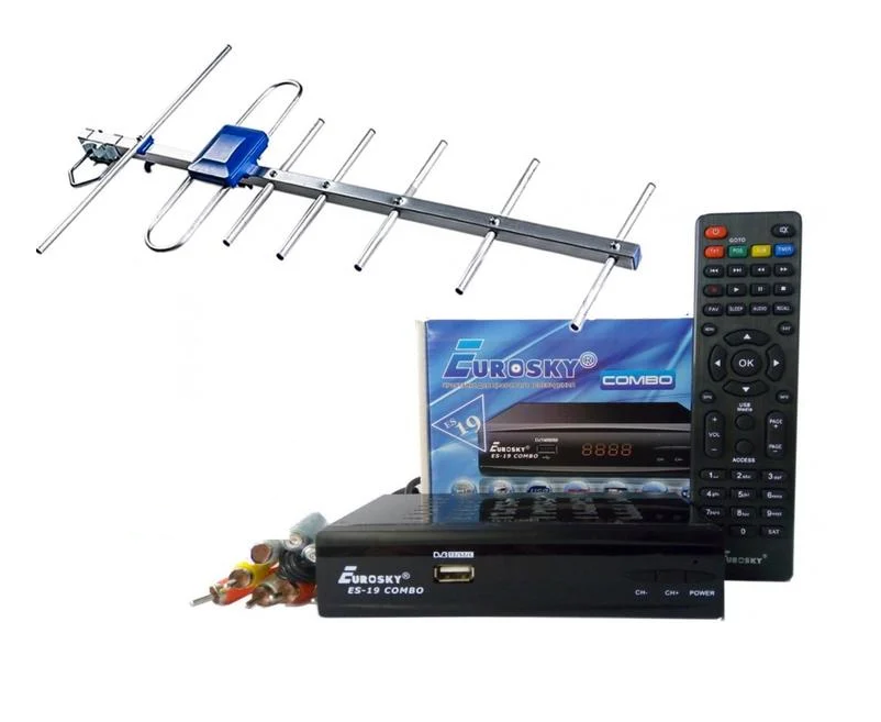 Комплект DVB-S2/T2 тюнер комбинированный Eurosky ES-19 Combo/антенна внешняя Eurosky Favorit с усилителем 55 км/WiFi-адаптер Комплект DVB-S2/T2 тюнер комбинированный Eurosky ES-19 Combo/антенна внешняя Eurosky Favorit с усилителем 55 км/WiFi-адаптер