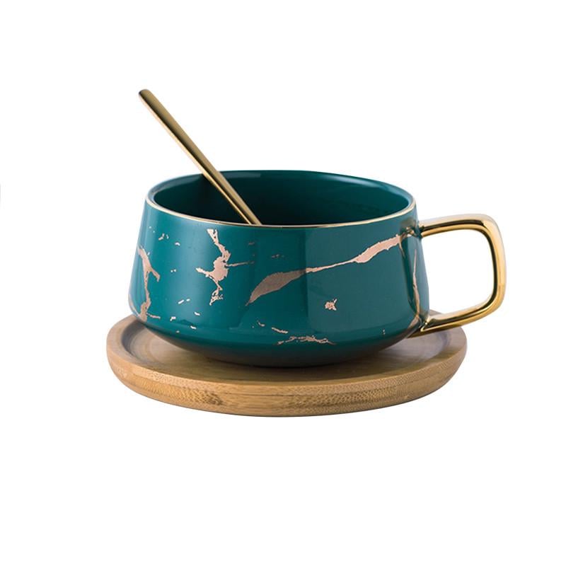 Чашка Lesko A2024 Мармур з бамбуковим блюдцем та золотою ложкою 250 мл Green (24366695)