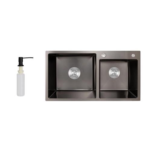 Мийка для кухні з двома чашами інтегрована Lidz Handmade H7843 LDH7843B 45586 3/1 мм PVD Brushed Black (25940040)