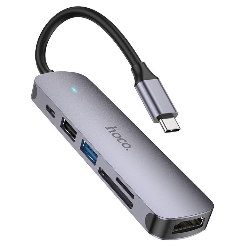 USB-хаб адаптер Hoco HB28 Type-C 5в1 60 W HDTV+USB 3,0+USB 2,0+SD+TF+PD Серый (29592835925252)