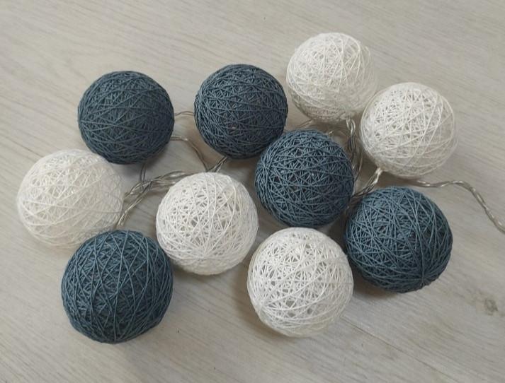 Гирлянда шарики Тайские фонарики АА батарейки 1,5м 10 лампочек в форме шариков 70 мм Синий с белыми