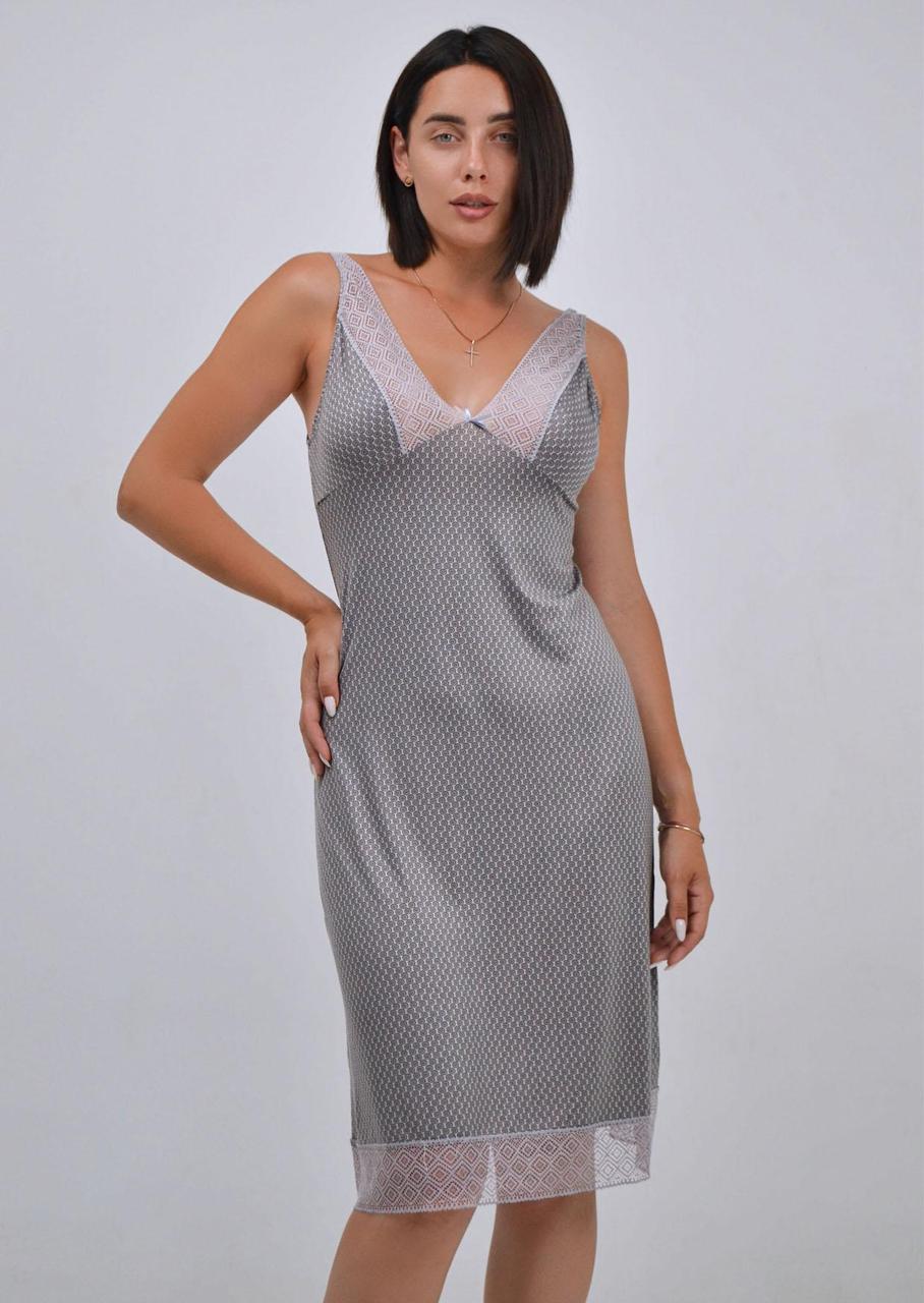 Ночная сорочка женская Роксана на тонких бретелях с кружевными вставками вискозная M Серый (1421/60038)