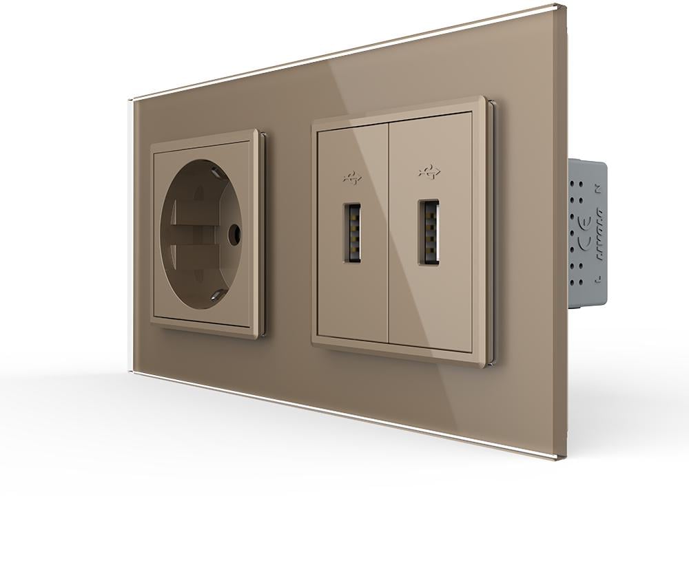 Розетка настенная LIVOLO с заземлением/двумя USB Розетка настенная мы дизайнерская стеклянная рамка Золотой (VL-C7FCTC16A/FCUA/FCUA-4AP)