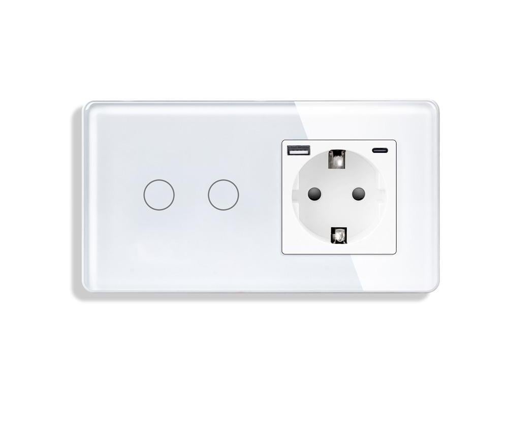 Выключатель сенсорный ELIOS двойной USB A+C 20Вт 16 А 230 В с заземлением/шторками стекло Белый