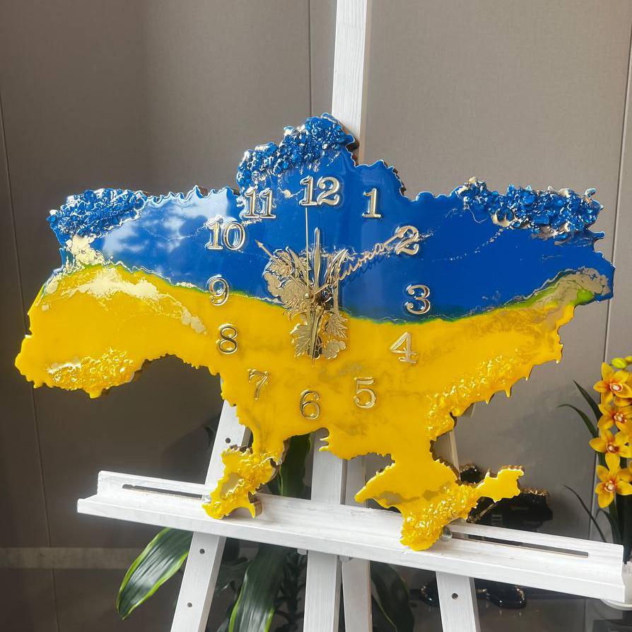 Часы настенные из эпоксидной смолы Карта Украины 50x32 см