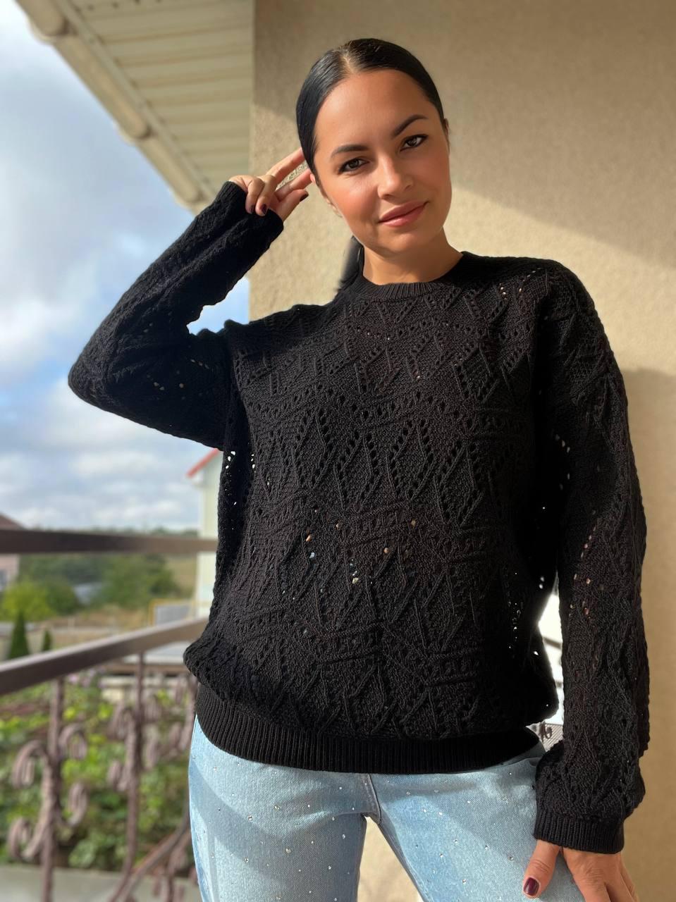 Свитер женский MIX RAY 6772 ажурная вязка сетка ромбы OS Черный (1184)