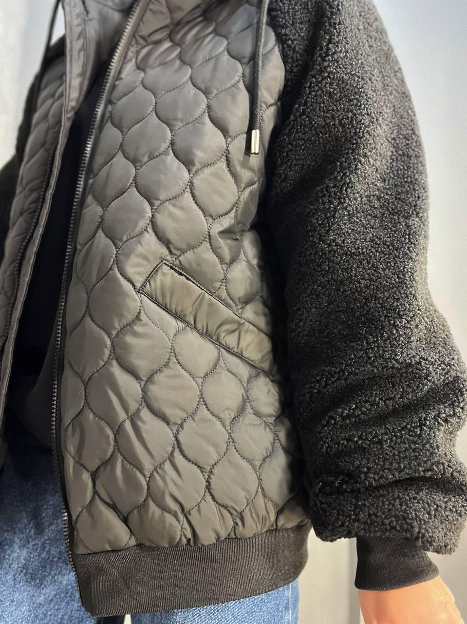 Куртка женская DARK SNOW 2355 стеганая ркува искусственный мех с капюшоном увеличенные размеры р. 56 Черный (1315) - фото 9