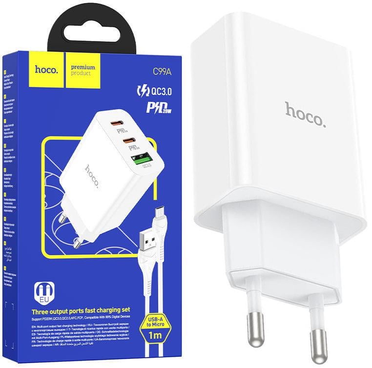 Зарядка быстрая Hoco C99A PD20W QC3 3A/microUSB кабель White (33584)