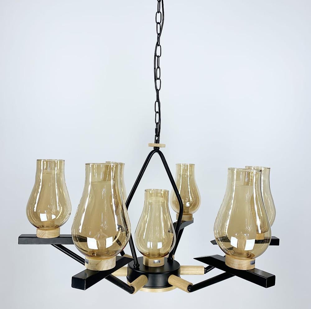 Люстра подвесная с деревянной фурнитурой на 7 плафонов Черный/Янтарный (ZL467/6/1)