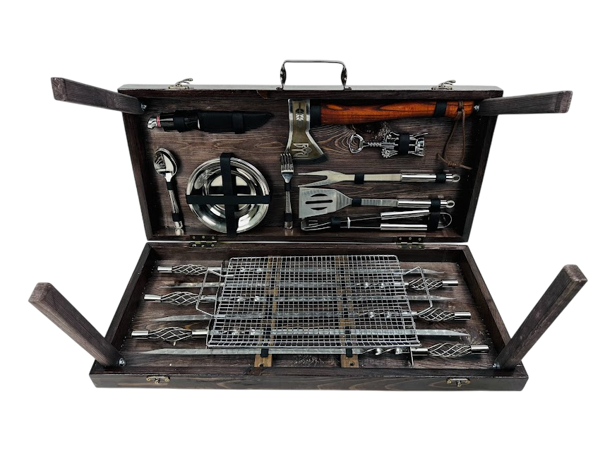 Набор шампуров подарочный BBQ эксклюзив из нержавеющей стали в деревянном кейсе (14-10-KS-7512)