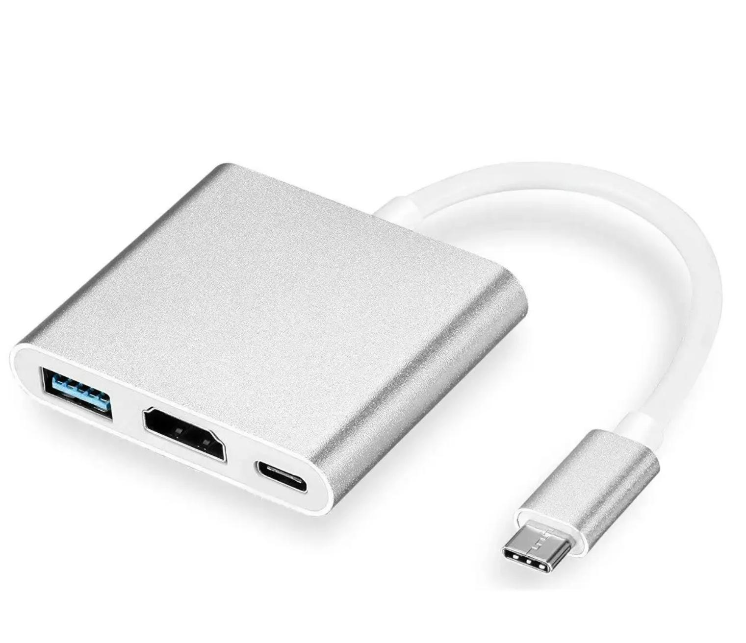 Переходник хаб 3в1 SUNROZ USB Type-C-HDMI/USB 3.0/Type-C 4K ULTRA HD Silver (A48675)
