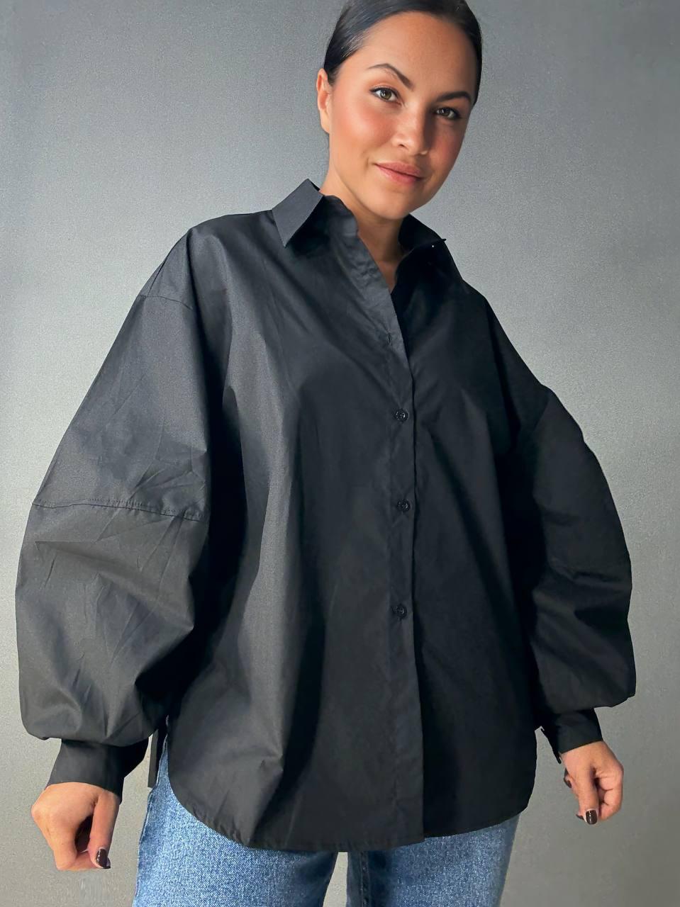 Рубашка женская Lan Lan 7503 оверсайз широкая длинная с пышным рукавом OS Черный (4910)