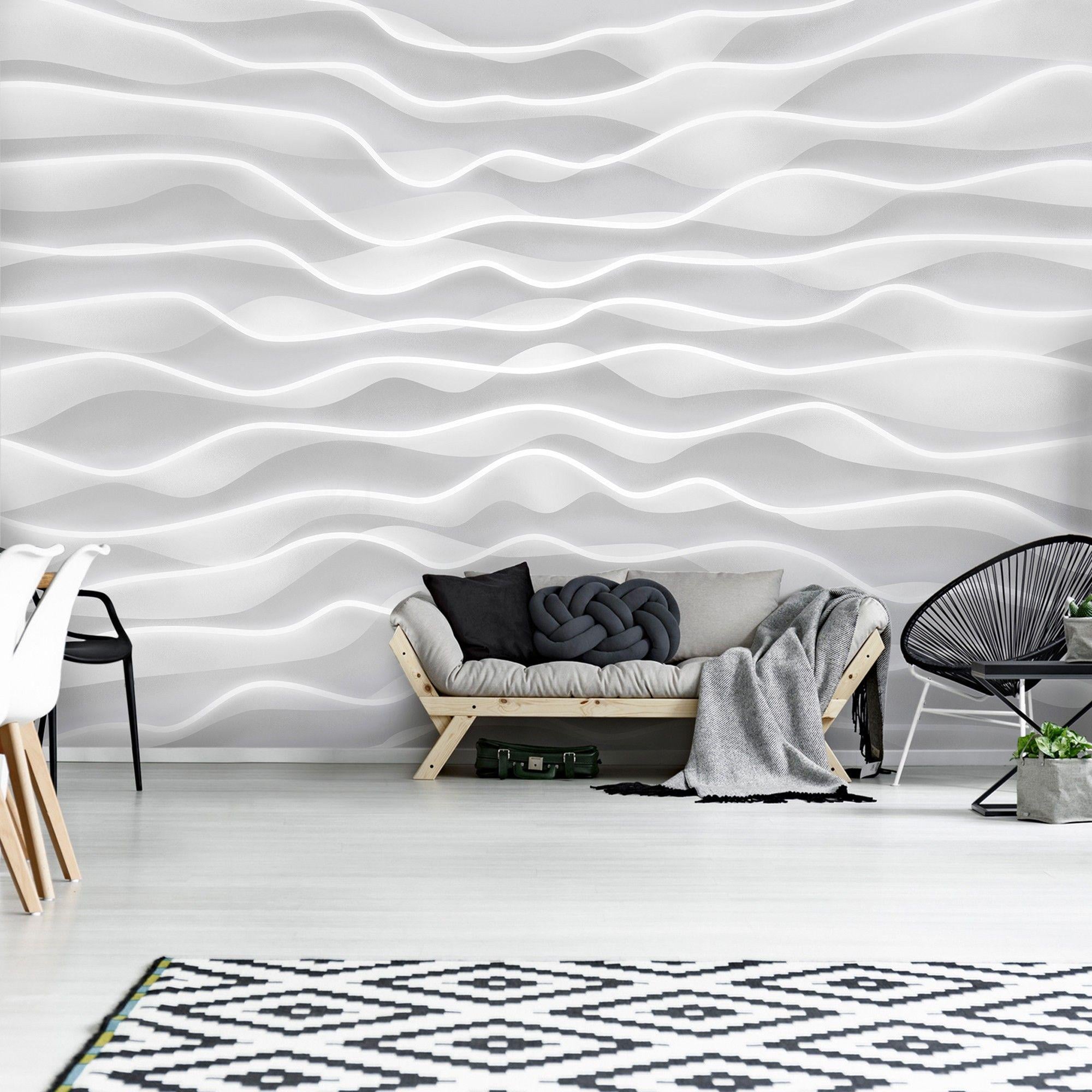 Фотообои флизелиновые с геометрическим рисунком 3Д Белые волны на стене за клеем 368x254 см (1835V8)