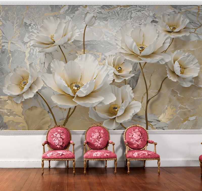 Фотообои 3D бесшовные Большие белые объемные цветы (S2129)