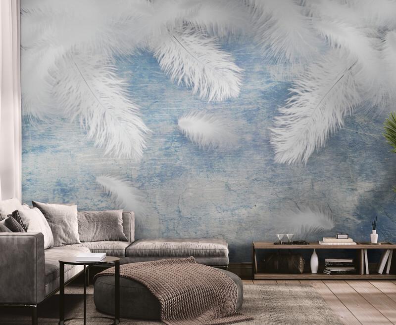 Фотообои бесшовные Летающие белые перья Нежно-голубой (S1909)