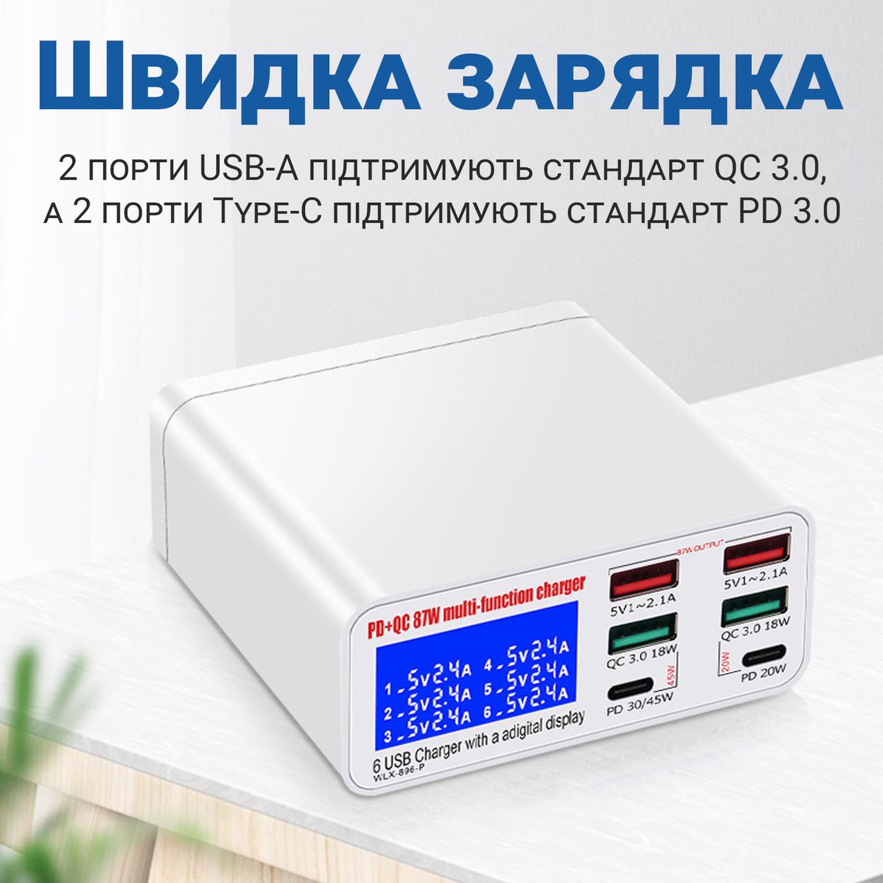 Станція зарядна Addap MCS-896P мультизарядна з дисплеєм на 6 портів 4хUSB-A та 2хType-C портами 87W - фото 8