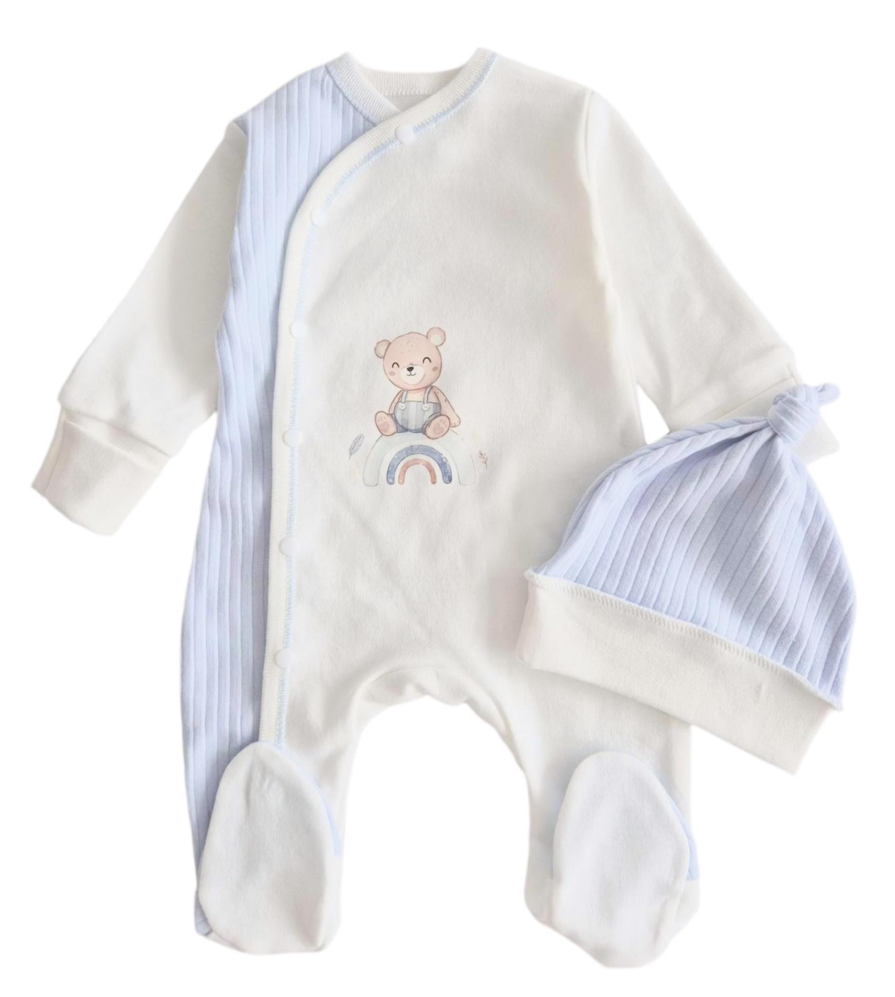 Пижама с шапочкой RoyalBaby Медвежонок с радугой интерлок р. 56 Молочно-голубой (143784-19249)