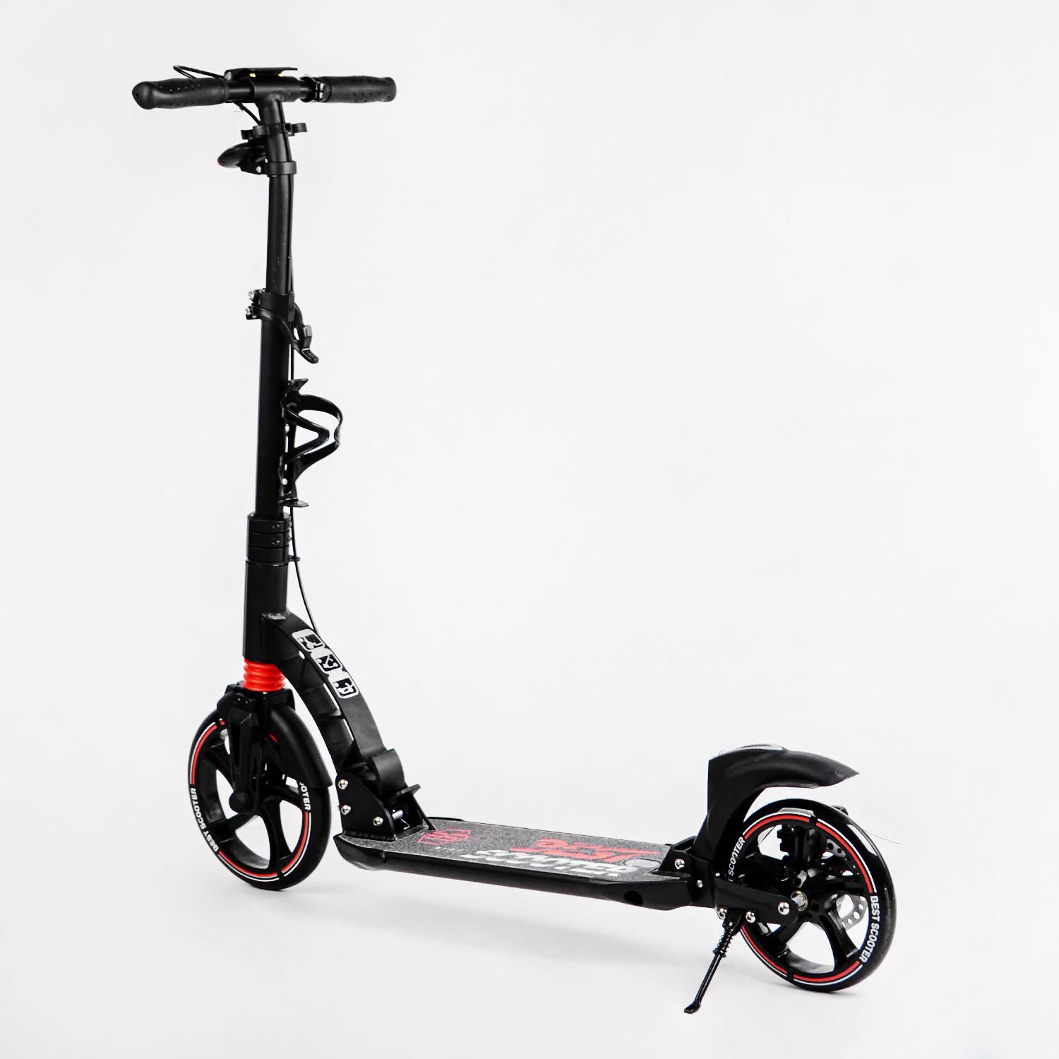 Самокат двухколесный складной Best Scooter фонарик 2 амортизатора дисковый тормоз Black/Red (114292) - фото 7