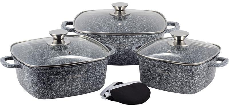 Набор квадратных кастрюль Ofenbach Snow Marble с двумя прихватками 2,3/4,4/6,5 л