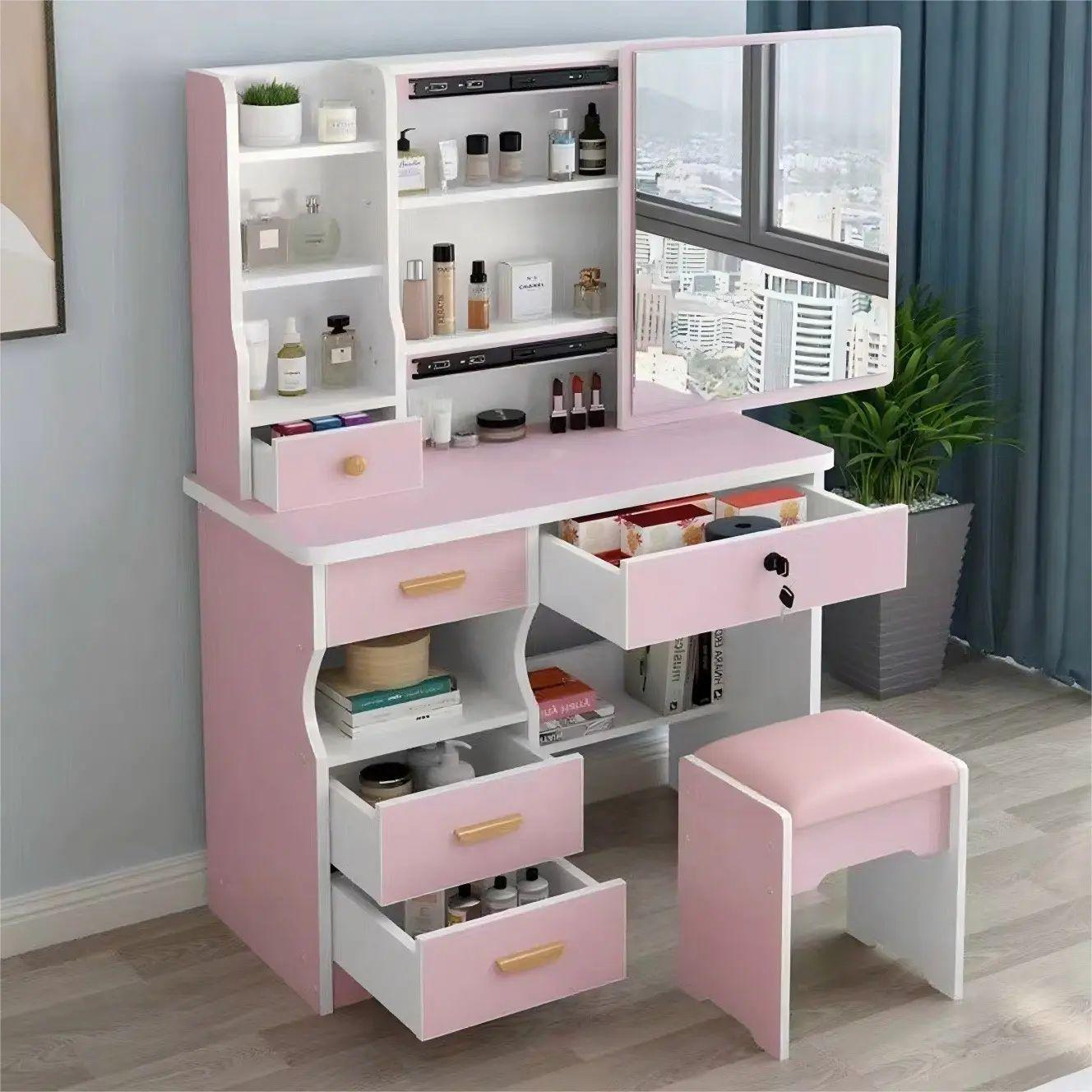 Стол макияжный STL-MD 88 с LED-зеркалом полками ящиками и пуфиком 128х80х35 см Розовый