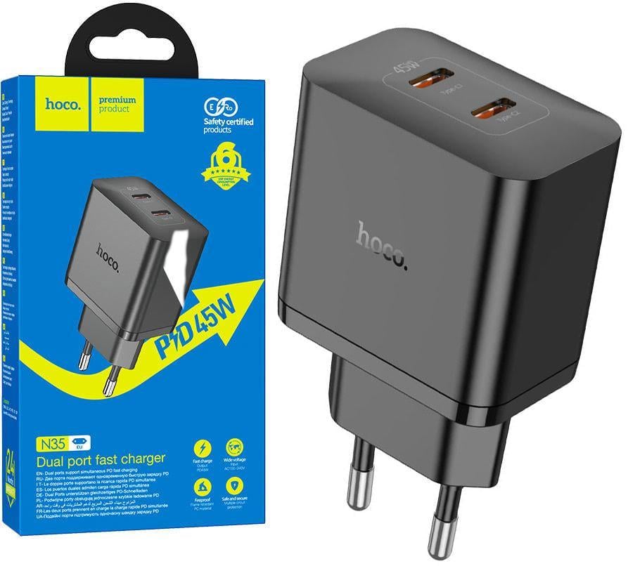 Пристрій зарядний Hoco N35 PD45W 2 Type-C Black (36813) Пристрій зарядний Hoco N35 PD45W 2 Type-C Black (36813)