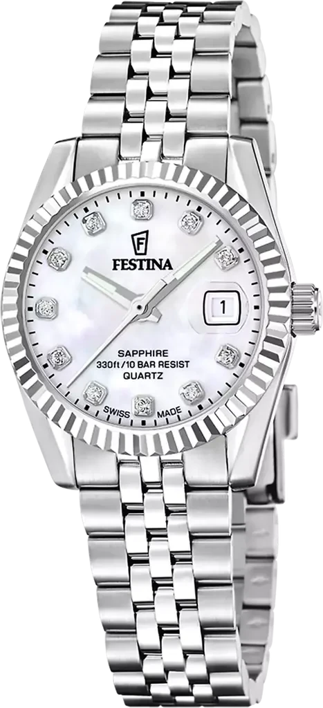 Наручные часы женские Festina F20087/1 Classic Steel Swiss Made со стальным корпусом/сапфировым стеклом WR 100 м и перламутровым циферблатом