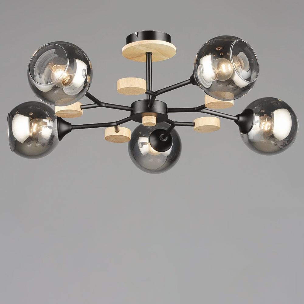 Люстра потолочная молекула Light House SRS-20877/5 дымчатый плафон Черный/Дерево