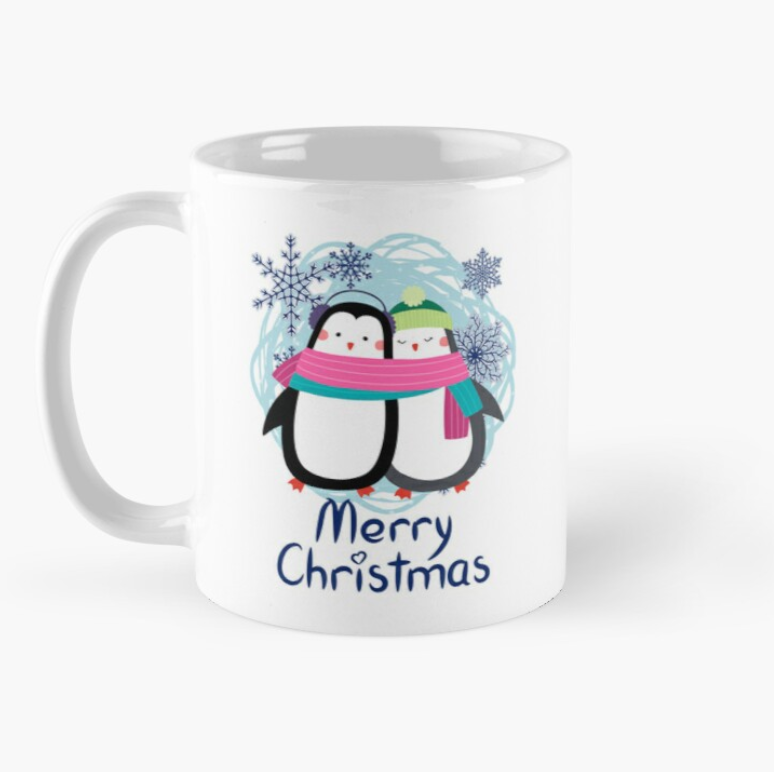 Чашка керамическая с принтом Merry Christmas Пара пингвины 330 мл Белый