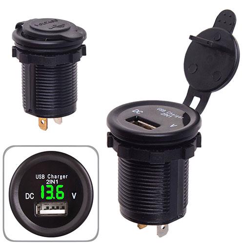 Автомобільний зарядний пристрій USB 5V2,1A 12-24V врізний в планку + вольтметр (70292)