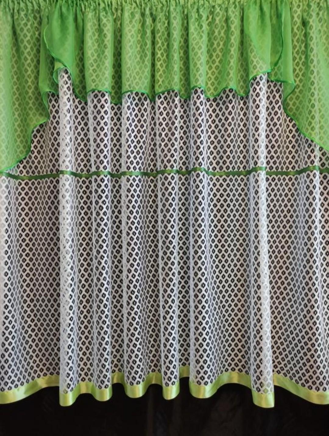 Фіранка сітка з шифоновим ламбрекеном на кухонне вікно 290х160 см Зелений з білим (кзел-11)
