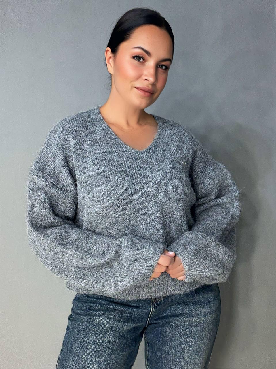 Свитер женский A-N 08-1 с шерстью вырез мыс OS Серый (5467) - фото 7