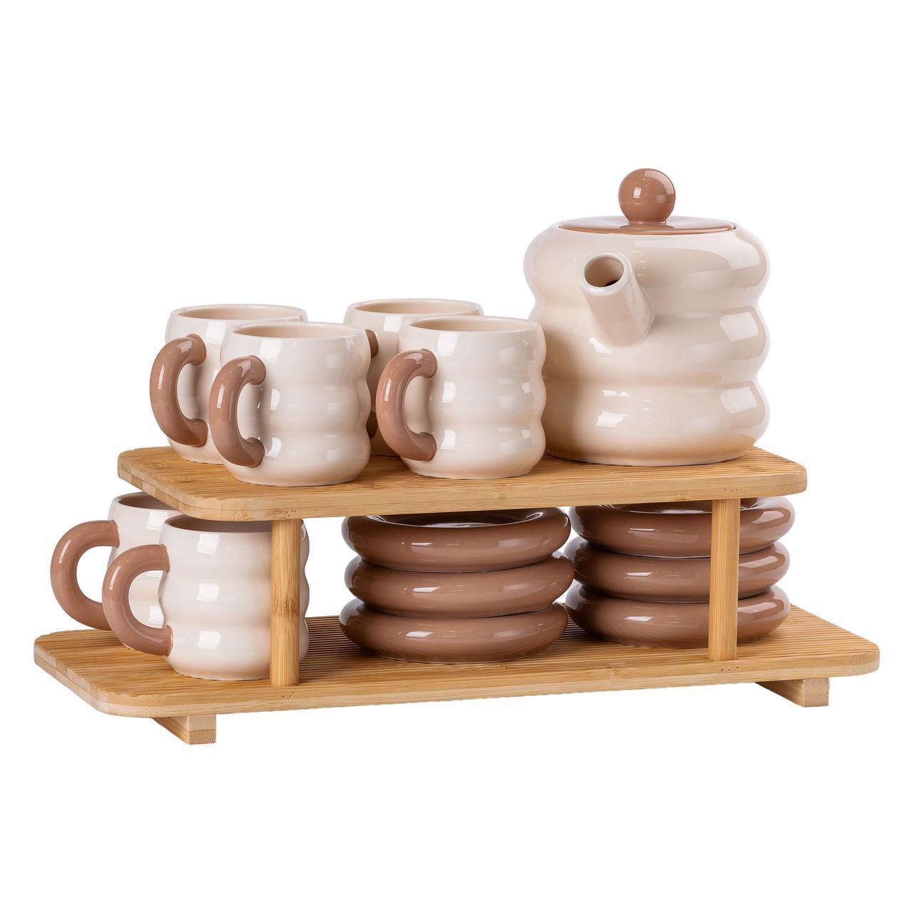 Чайный сервиз с 2-ярусной бамбуковой подставкой на 6 персон (HP-15-20)