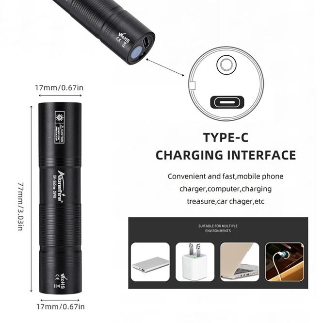 Ліхтарик ультрафіолетовий Type4 Type-C LED UV Flashlight 365 Portable Mini Ultraviolet Torch 3W Black (UVFTT4CK) - фото 4 Ліхтарик ультрафіолетовий Type4 Type-C LED UV Flashlight 365 Portable Mini Ultraviolet Torch 3W Black (UVFTT4CK) - фото 4