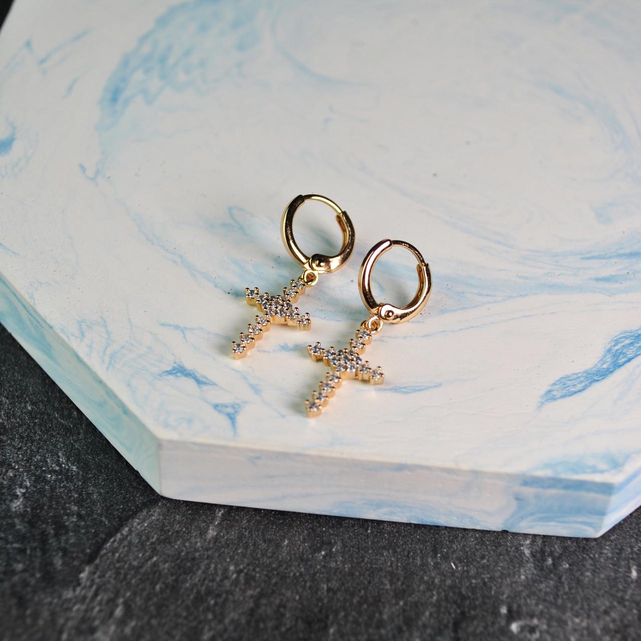 Сережки кольца крестики с фианитами медицинская сталь позолота (x084-2) - фото 4