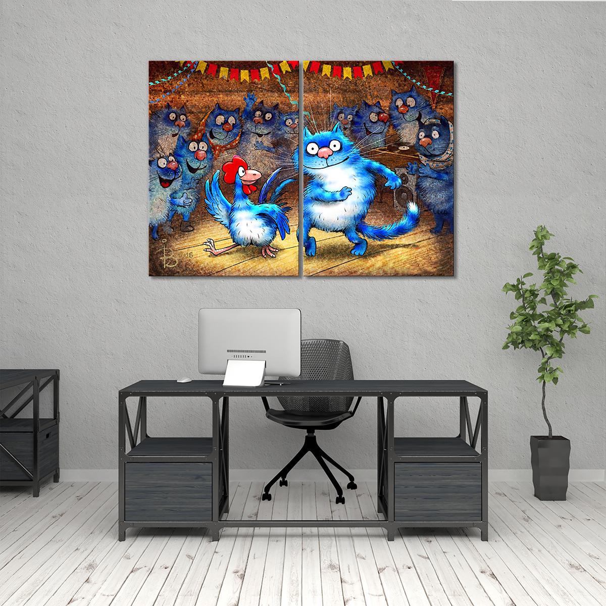 Модульная картина Кот и Петух зажигают в клубе 2 модуля 90x135 см