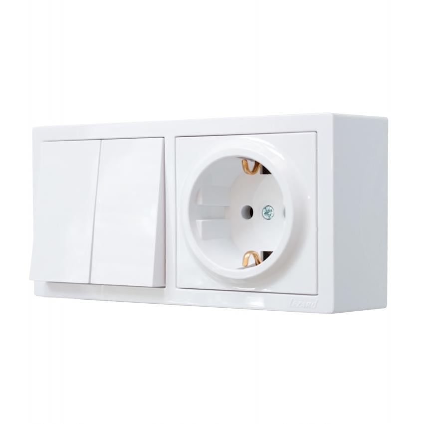 Вимикач двоклавішний Lezard Leto та розетка одинарна з заземленням Білий (752-0200-170BVP)