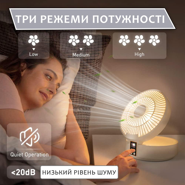 Вентилятор настільний акумуляторний D1 з пультом та нічником поворотний охолоджуючий Білий - фото 9
