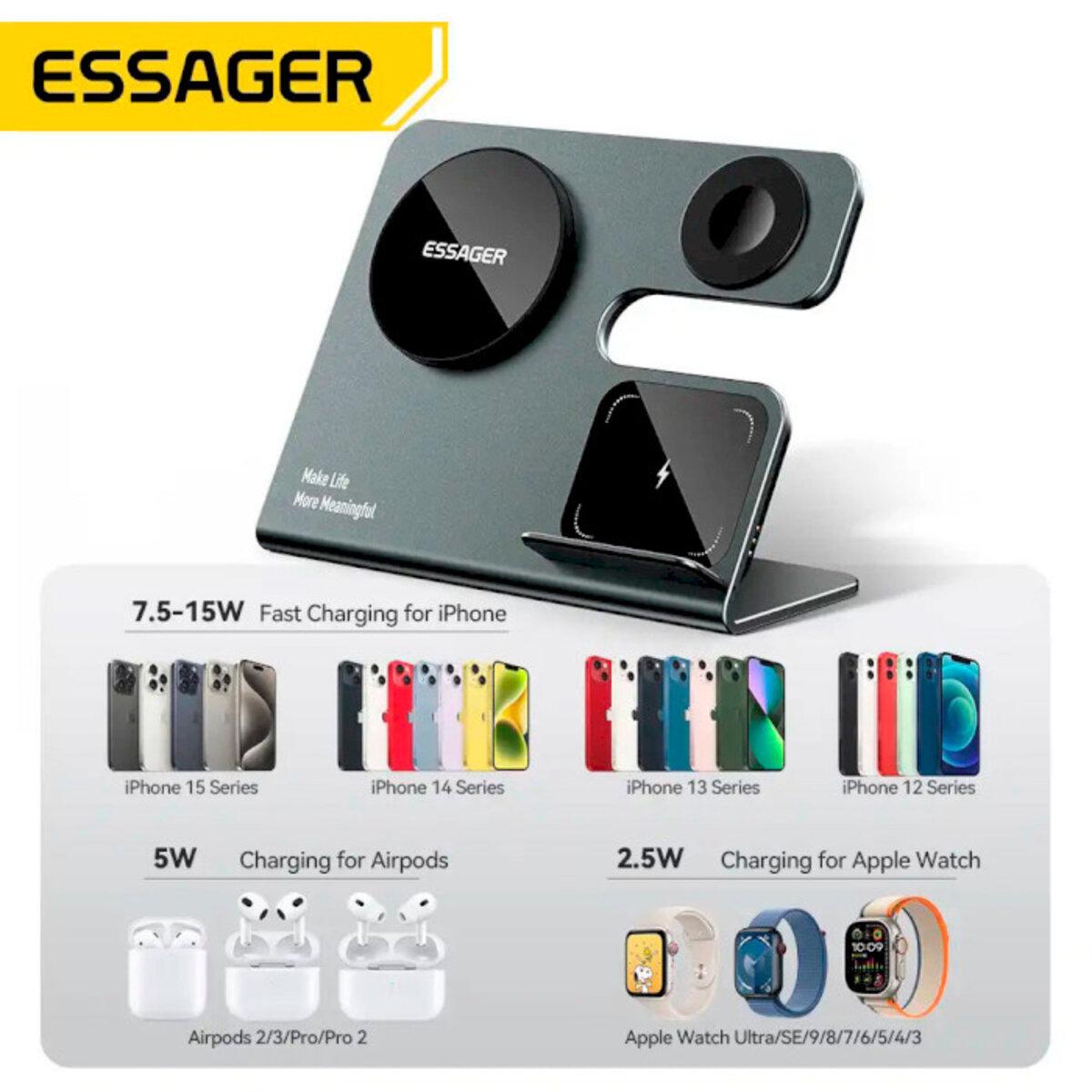 Зарядное устройство беспроводное Essager Ruicheng Desktop magnetic suction three in one wireless charging 15W Black (EWXZM-RC0G-Z) - фото 6 Зарядное устройство беспроводное Essager Ruicheng Desktop magnetic suction three in one wireless charging 15W Black (EWXZM-RC0G-Z) - фото 6