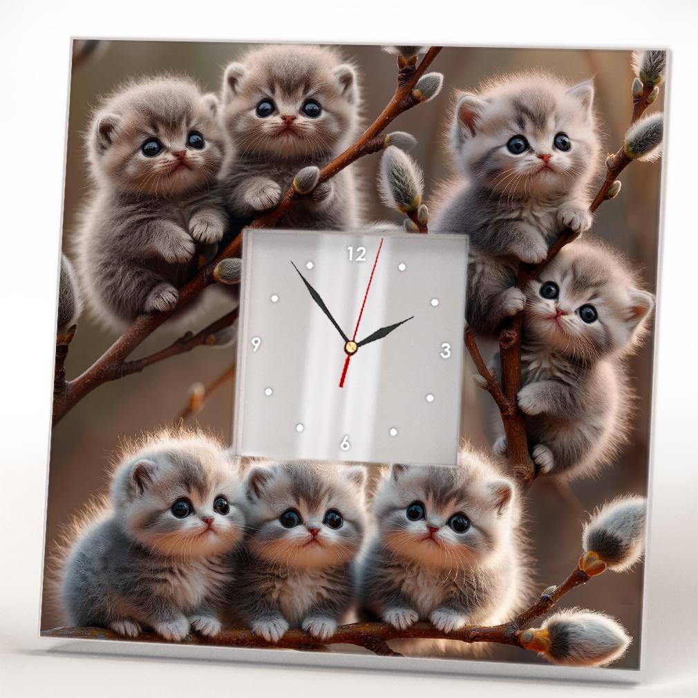 Часы Котята на ветках вербы 260x260 мм (C04656)