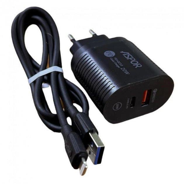 Зарядное устройство сетевое Aspor PD002 Premium Series USB-C/USB QC3.0 PD20W с USB-кабелем Type-C-черный (1858272482)