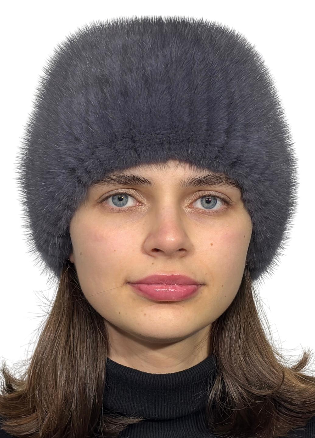 Шапка женская из вязаной норки Меховой стиль Бабочка из натурального меха M-L Ирис (113/T)